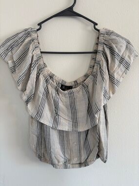 Volcom Beige and Black Striped Ruffle Off-Shoulder Top